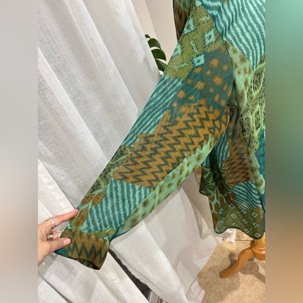 Dalin Plus Sheer Boho Patchwork‎ Button Down Top Green Teal Brown 2X - Picture 4 of 5